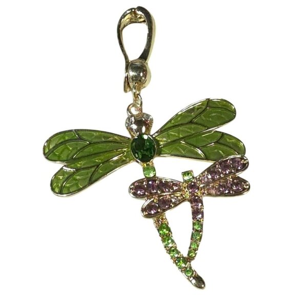 Dragonfly RMN Pendant Charm With Green & Pink Crystals Gold-Tone Finish - Picture 5 of 6